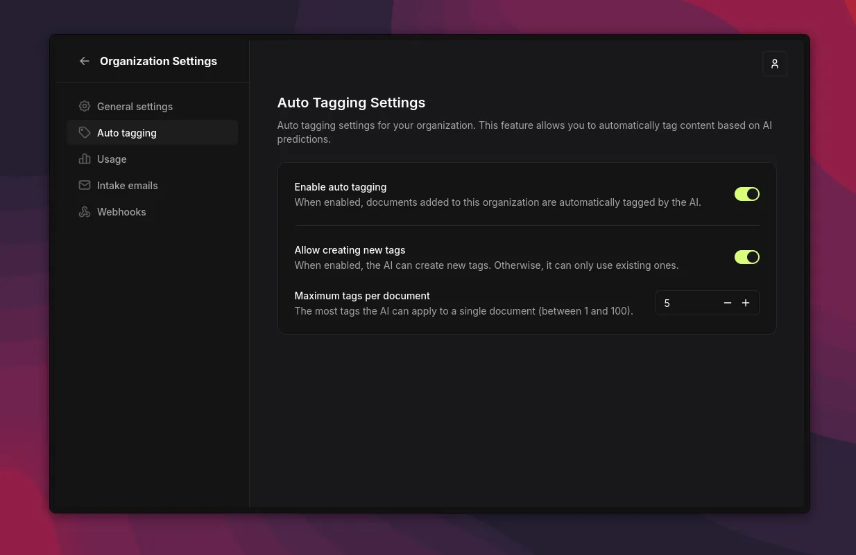 organization settings screenshot
